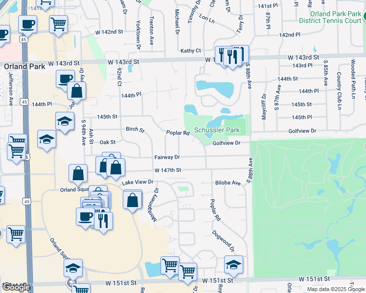 map of restaurants, bars, coffee shops, grocery stores, and more near 14613 Aspen Street in Orland Park