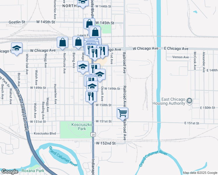 map of restaurants, bars, coffee shops, grocery stores, and more near 4866 Tod Avenue in East Chicago