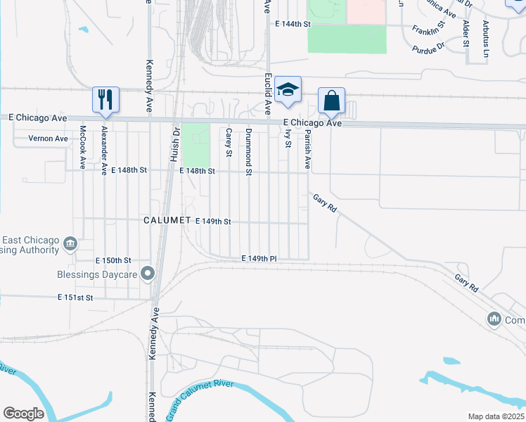 map of restaurants, bars, coffee shops, grocery stores, and more near 4850 Euclid Ave in East Chicago