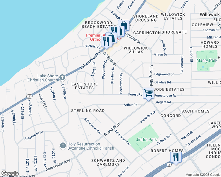 map of restaurants, bars, coffee shops, grocery stores, and more near 372 Blissfield Drive in Willowick