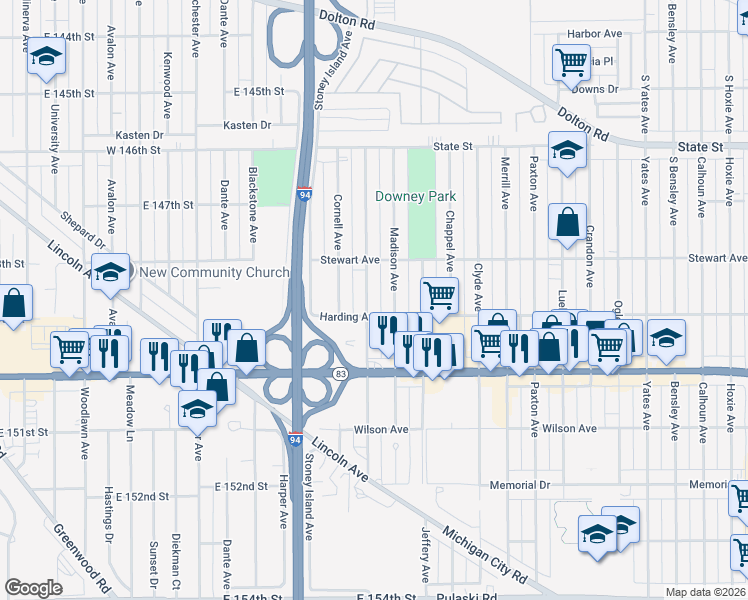 map of restaurants, bars, coffee shops, grocery stores, and more near 405 Prairie Avenue in Calumet City