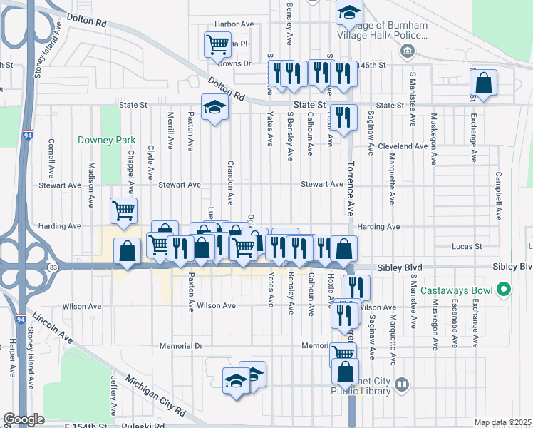 map of restaurants, bars, coffee shops, grocery stores, and more near 410 Yates Avenue in Calumet City
