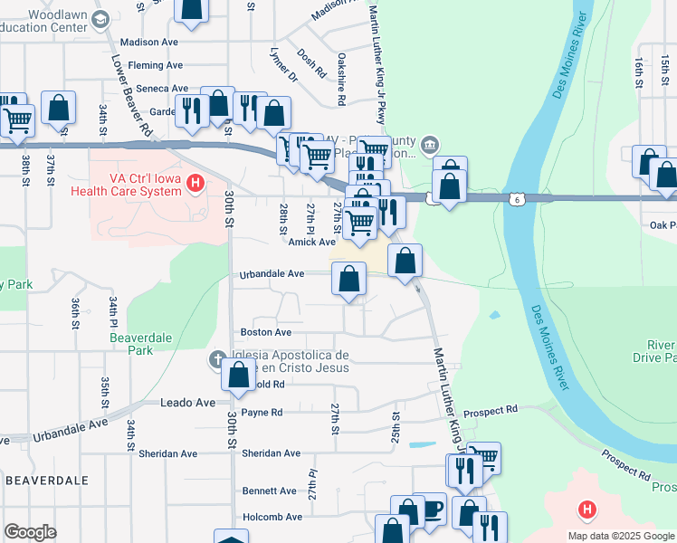 map of restaurants, bars, coffee shops, grocery stores, and more near Inter-Urban Trail in Des Moines