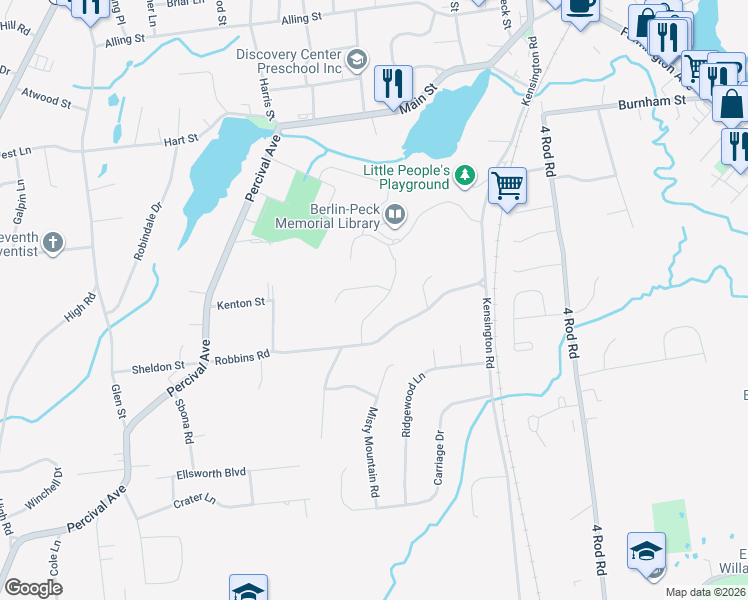 map of restaurants, bars, coffee shops, grocery stores, and more near 51 Towne Drive in Berlin