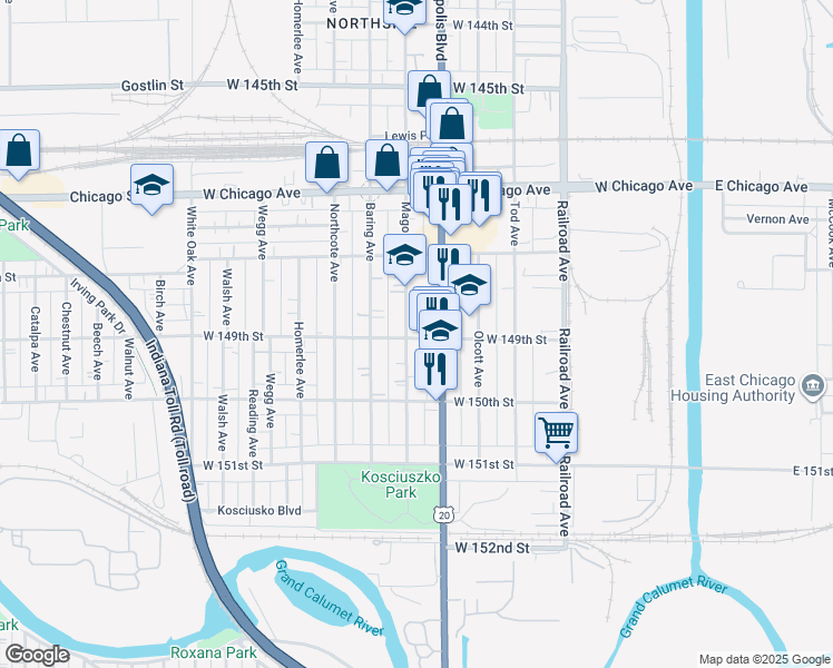 map of restaurants, bars, coffee shops, grocery stores, and more near 4863 Magoun Avenue in East Chicago