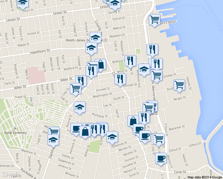 map of restaurants, bars, coffee shops, grocery stores, and more near 164 Grinnell Street in New Bedford