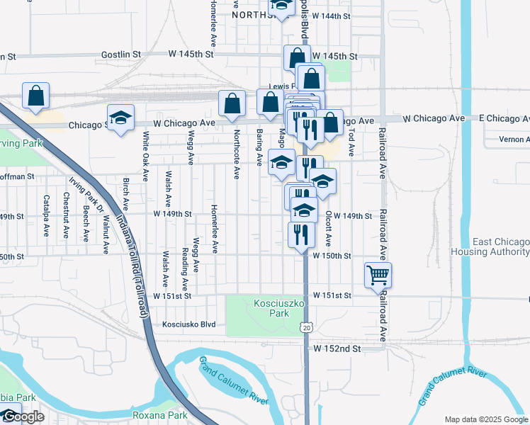 map of restaurants, bars, coffee shops, grocery stores, and more near 4863 Baring Avenue in East Chicago