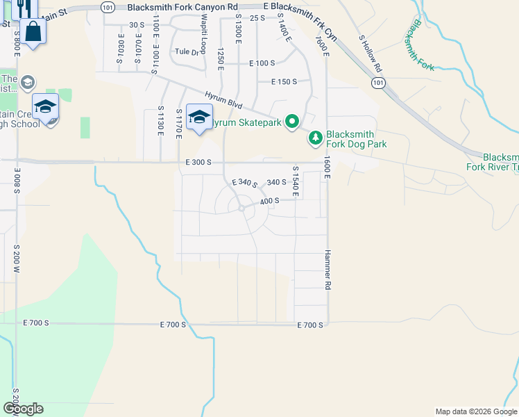 map of restaurants, bars, coffee shops, grocery stores, and more near 417 South 1400 East in Hyrum