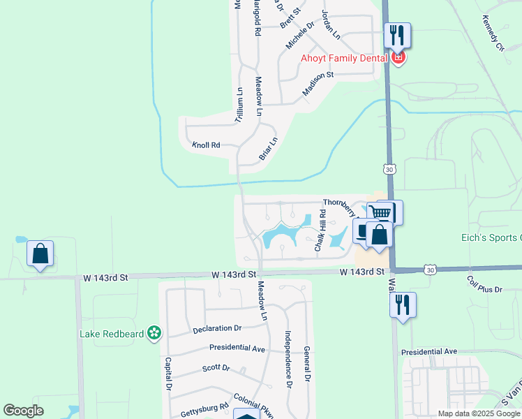 map of restaurants, bars, coffee shops, grocery stores, and more near 24815 Thornberry Drive in Plainfield