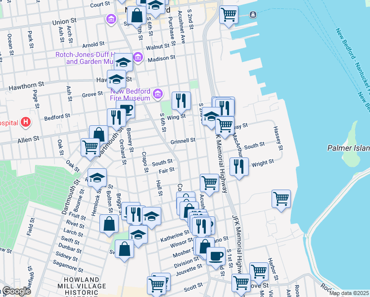 map of restaurants, bars, coffee shops, grocery stores, and more near 267 Purchase Street in New Bedford