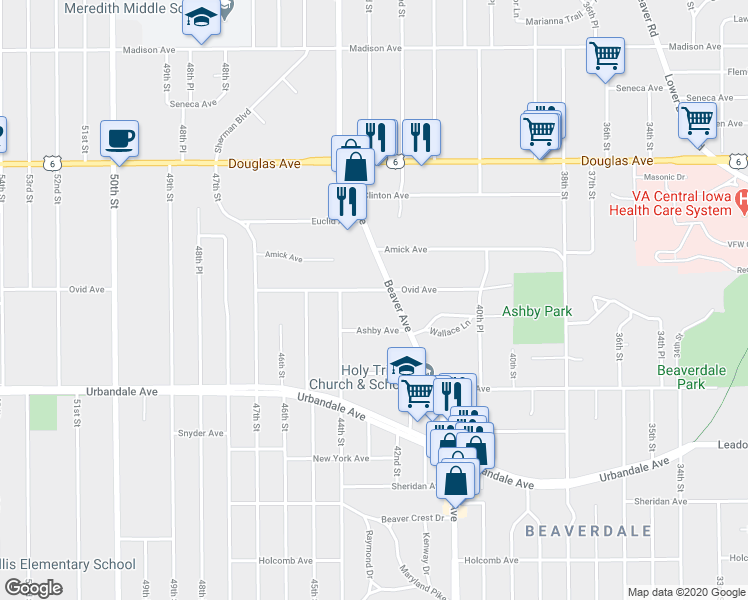 map of restaurants, bars, coffee shops, grocery stores, and more near 4308 Ovid Avenue in Des Moines