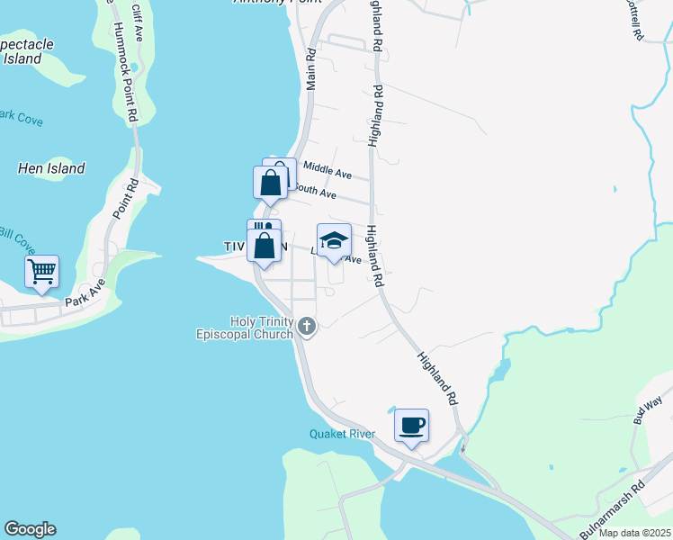 map of restaurants, bars, coffee shops, grocery stores, and more near 99 Lawton Avenue in Tiverton