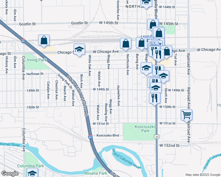 map of restaurants, bars, coffee shops, grocery stores, and more near 1220 West 149th Street in East Chicago