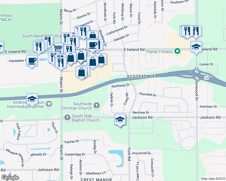 map of restaurants, bars, coffee shops, grocery stores, and more near 4814 Selkirk Drive in South Bend