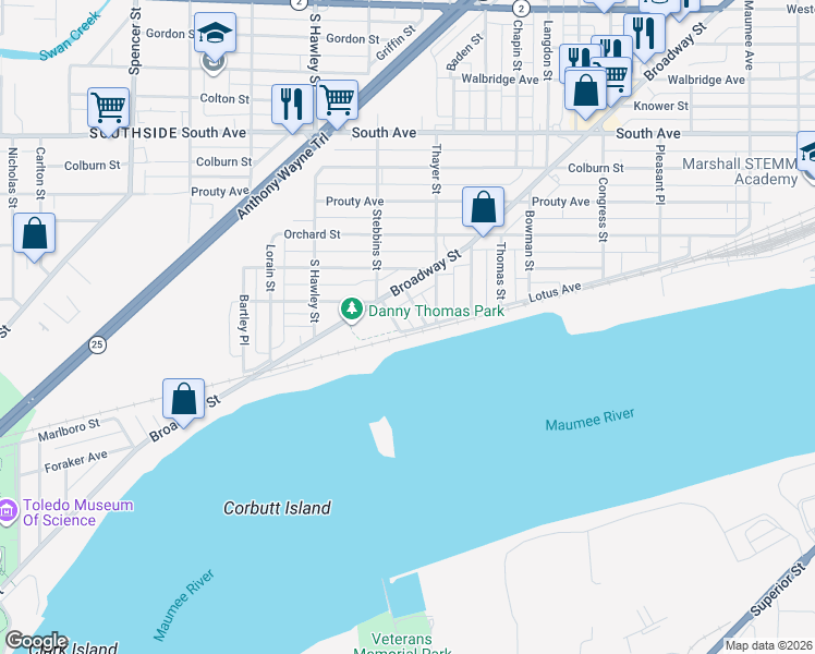 map of restaurants, bars, coffee shops, grocery stores, and more near 835 Stebbins Street in Toledo