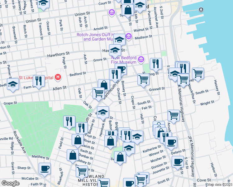 map of restaurants, bars, coffee shops, grocery stores, and more near 217 Grinnell Street in New Bedford