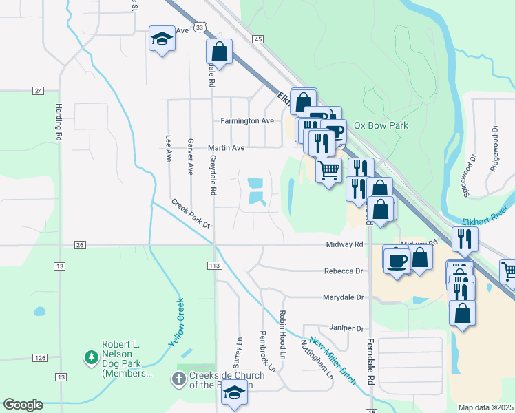 map of restaurants, bars, coffee shops, grocery stores, and more near 4353 Balsam Fir Lane in Elkhart