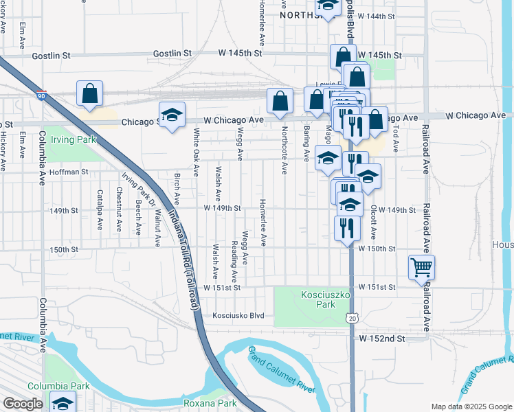 map of restaurants, bars, coffee shops, grocery stores, and more near 4859 Homerlee Avenue in East Chicago
