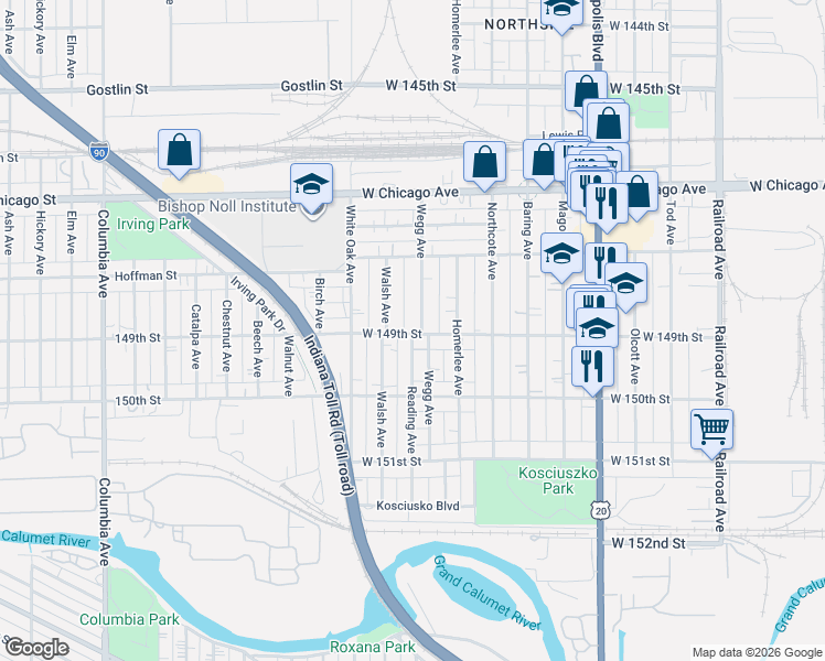 map of restaurants, bars, coffee shops, grocery stores, and more near 1220 West 149th Street in East Chicago