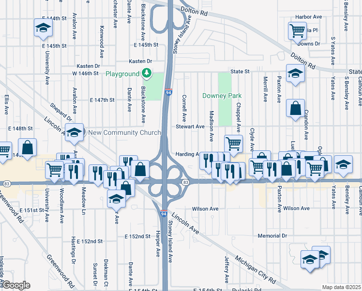 map of restaurants, bars, coffee shops, grocery stores, and more near 406 Cornell Avenue in Calumet City