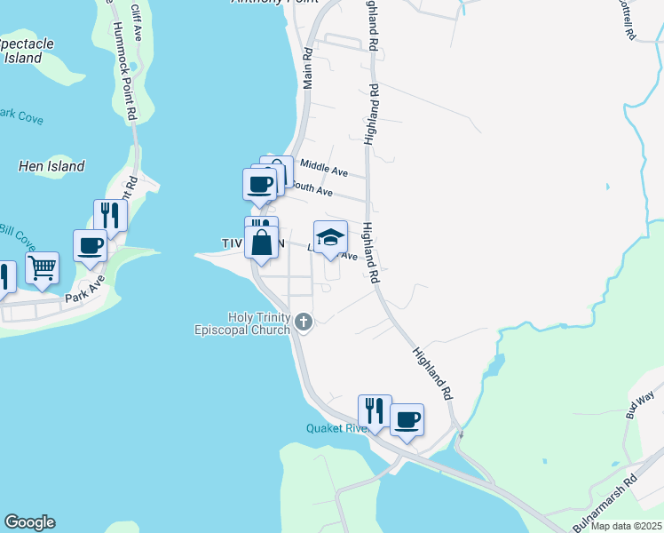 map of restaurants, bars, coffee shops, grocery stores, and more near 99 Lawton Avenue in Tiverton