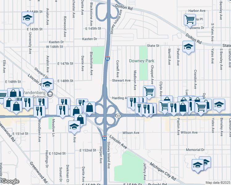 map of restaurants, bars, coffee shops, grocery stores, and more near 406 Cornell Avenue in Calumet City