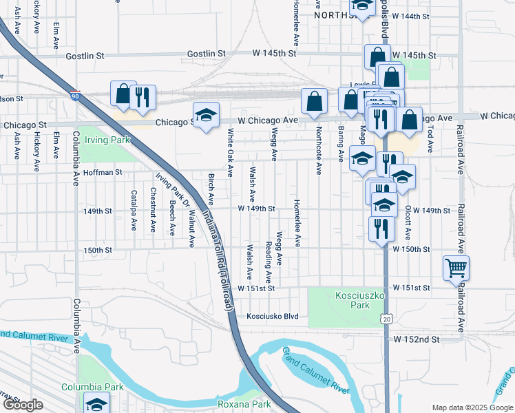map of restaurants, bars, coffee shops, grocery stores, and more near 4859 Walsh Avenue in East Chicago