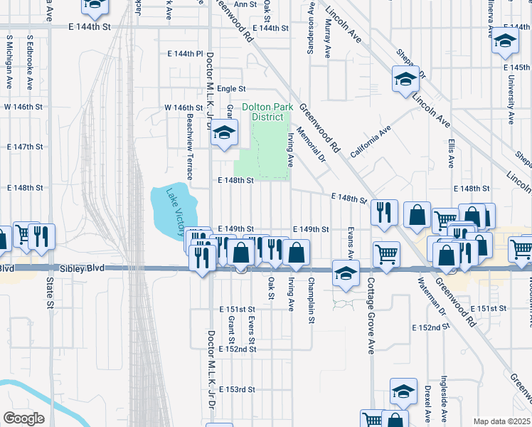 map of restaurants, bars, coffee shops, grocery stores, and more near 14828 Oak Street in Dolton
