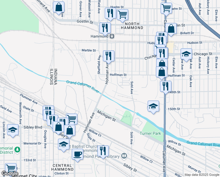 map of restaurants, bars, coffee shops, grocery stores, and more near 4831 Hohman Avenue in Hammond