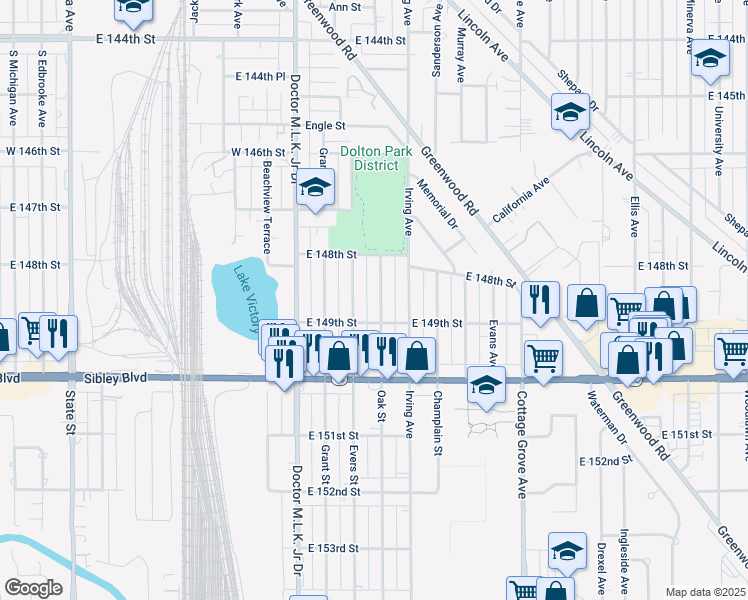 map of restaurants, bars, coffee shops, grocery stores, and more near 14828 Oak Street in Dolton