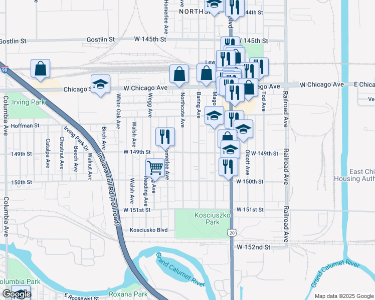 map of restaurants, bars, coffee shops, grocery stores, and more near 4861 Northcote Avenue in East Chicago