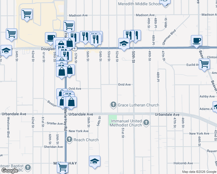 map of restaurants, bars, coffee shops, grocery stores, and more near 5310 Ovid Ave in Des Moines