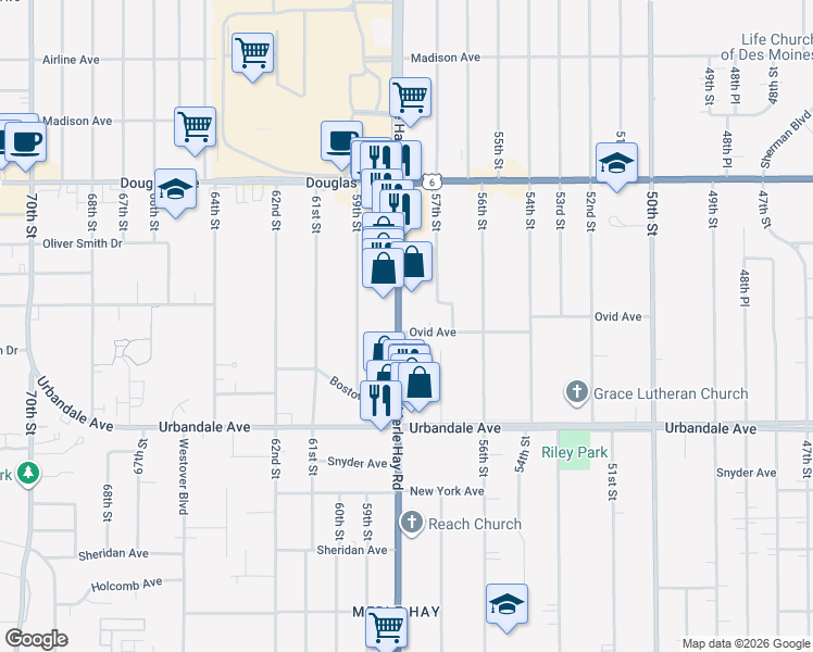 map of restaurants, bars, coffee shops, grocery stores, and more near 3401 Merle Hay Road in Des Moines