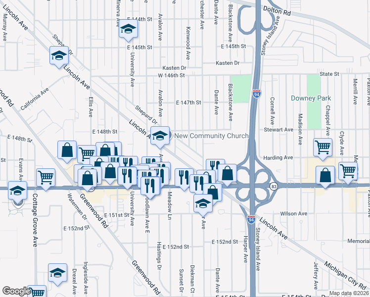 map of restaurants, bars, coffee shops, grocery stores, and more near 14846 Shepard Drive in Dolton