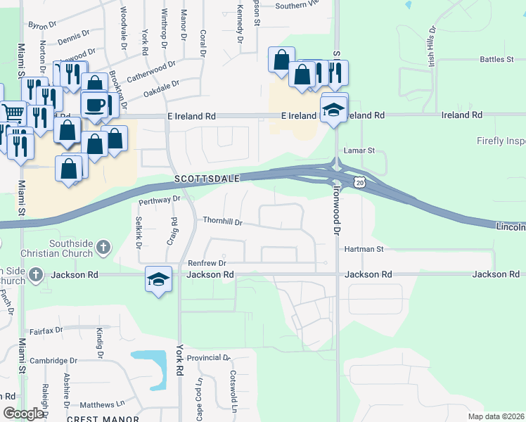 map of restaurants, bars, coffee shops, grocery stores, and more near 1926 Greenock Street in South Bend