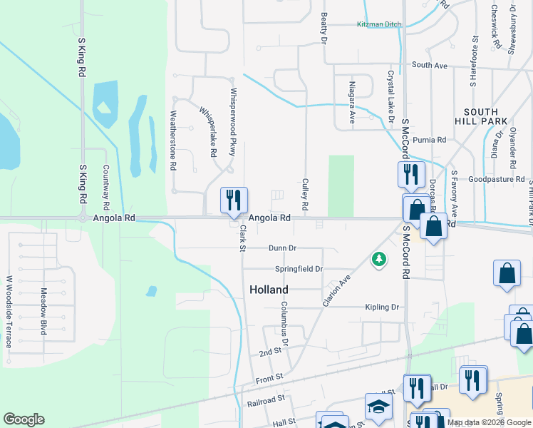 map of restaurants, bars, coffee shops, grocery stores, and more near 7130 Angola Rd in Holland
