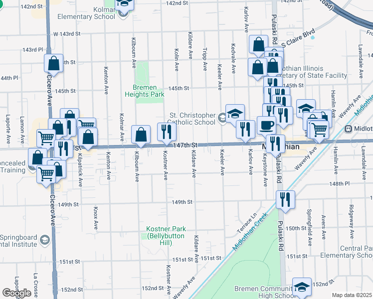 map of restaurants, bars, coffee shops, grocery stores, and more near 14700 Kildare Avenue in Midlothian
