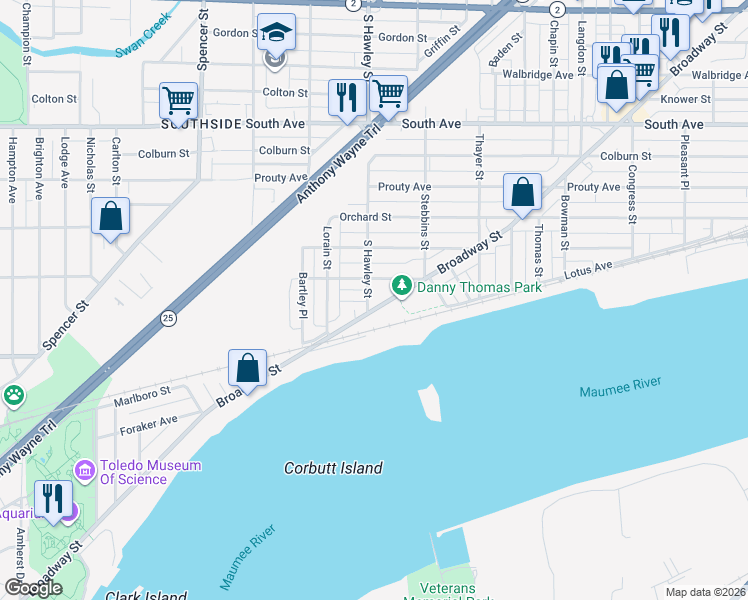 map of restaurants, bars, coffee shops, grocery stores, and more near 2101-2199 Broadway Street in Toledo