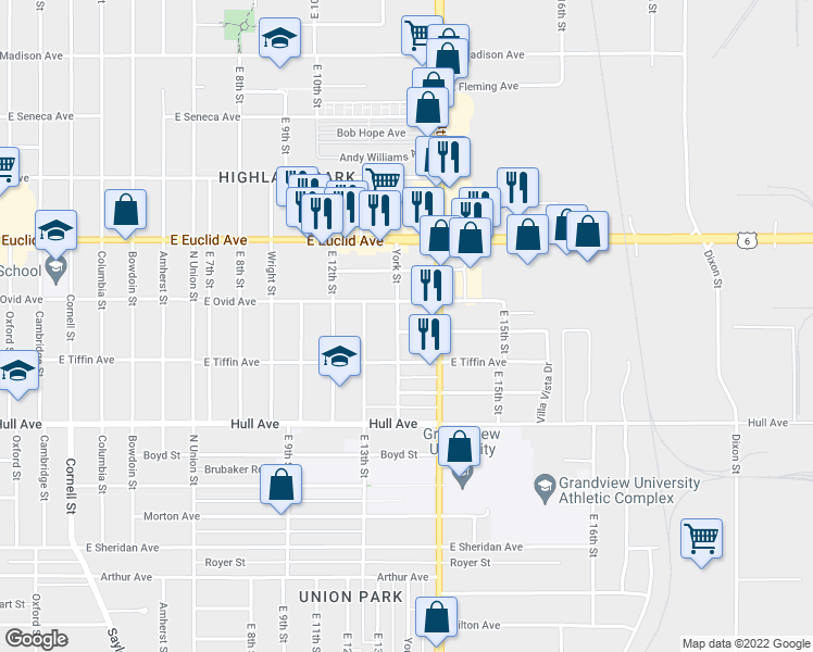 map of restaurants, bars, coffee shops, grocery stores, and more near 1330 Henderson Avenue in Des Moines