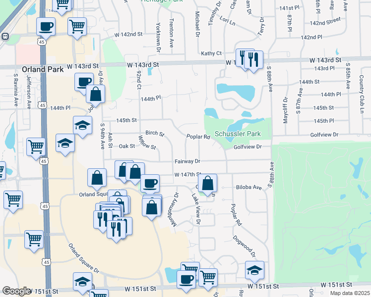 map of restaurants, bars, coffee shops, grocery stores, and more near Beech Street in Orland Park