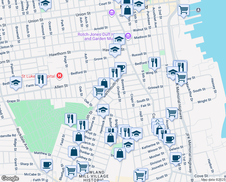 map of restaurants, bars, coffee shops, grocery stores, and more near 225 Grinnell Street in New Bedford