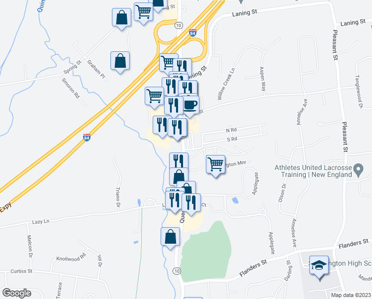 map of restaurants, bars, coffee shops, grocery stores, and more near 301 Queen Street in Southington