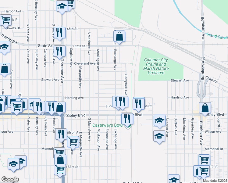 map of restaurants, bars, coffee shops, grocery stores, and more near 1101 Herbert Breclaw Dr in Calumet City