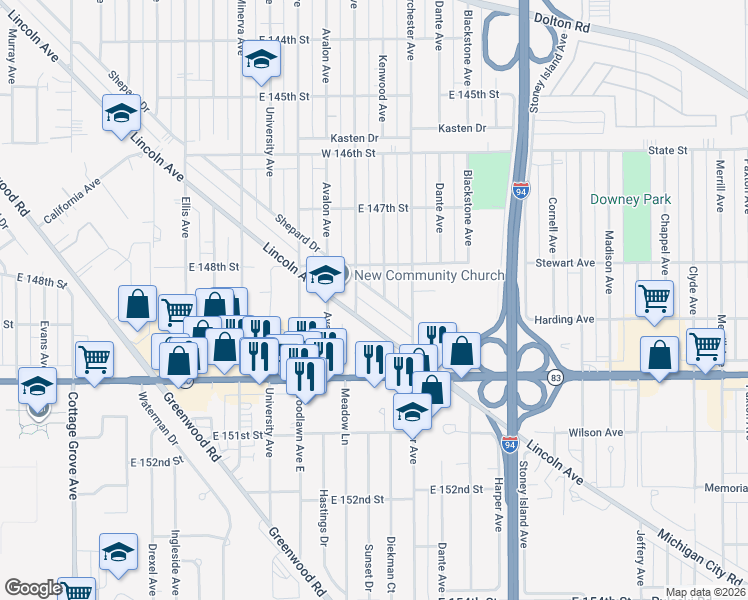 map of restaurants, bars, coffee shops, grocery stores, and more near 14846 Shepard Drive in Dolton