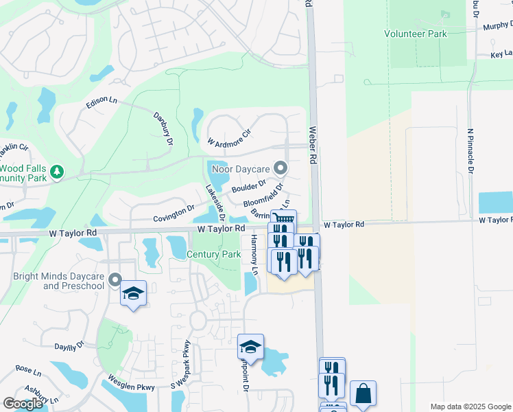 map of restaurants, bars, coffee shops, grocery stores, and more near 20942 West Barrington Lane in Plainfield