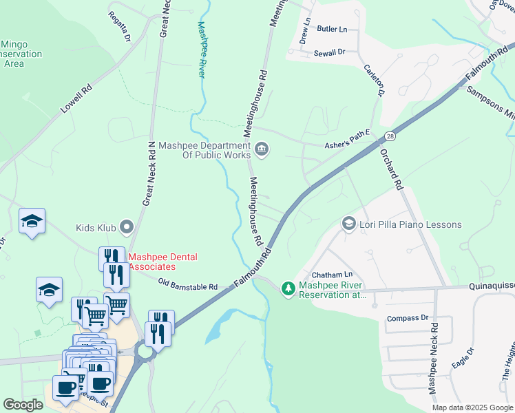 map of restaurants, bars, coffee shops, grocery stores, and more near 410 Meetinghouse Road in Mashpee
