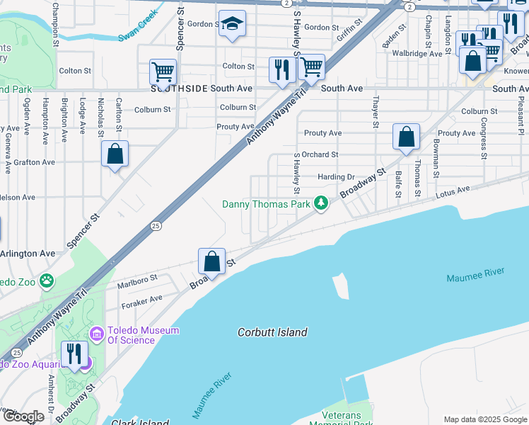 map of restaurants, bars, coffee shops, grocery stores, and more near 824 Lorain Street in Toledo