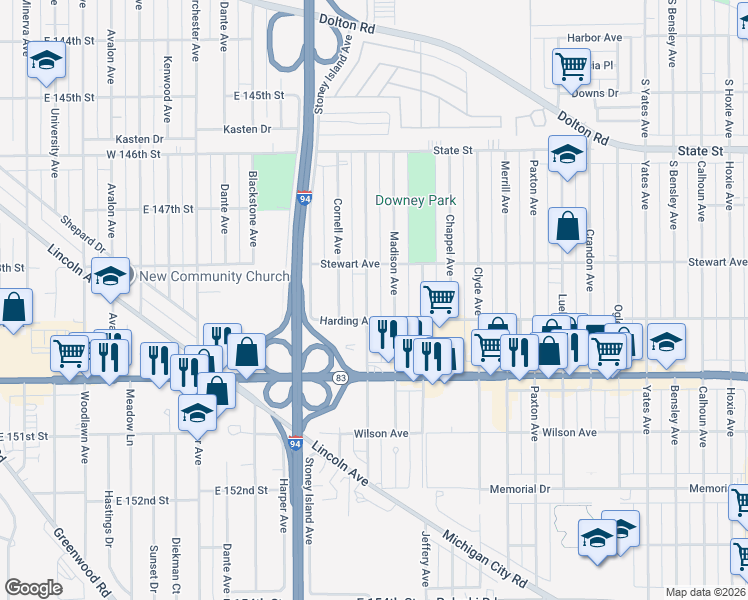 map of restaurants, bars, coffee shops, grocery stores, and more near 409 Prairie Avenue in Calumet City
