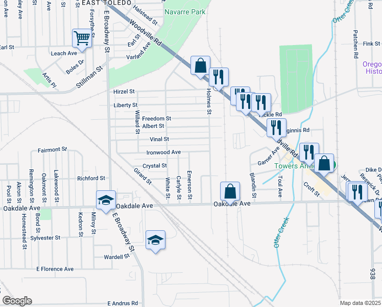 map of restaurants, bars, coffee shops, grocery stores, and more near 1616 Ironwood Avenue in Toledo