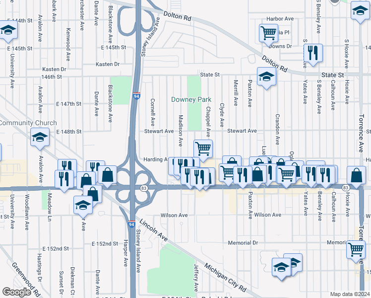 map of restaurants, bars, coffee shops, grocery stores, and more near 409 Madison Avenue in Calumet City